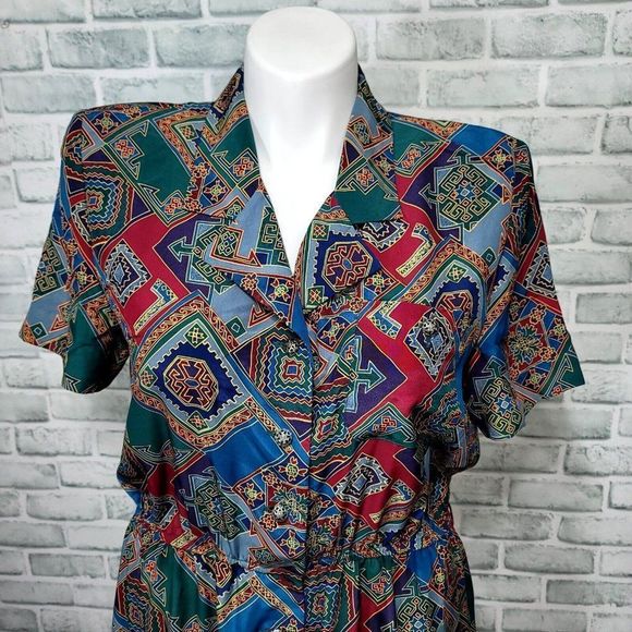 Vintage 80s Leslie Fay 12 Geo Abstract Button Front Shirt Midi Dress - Picture 3 of 10